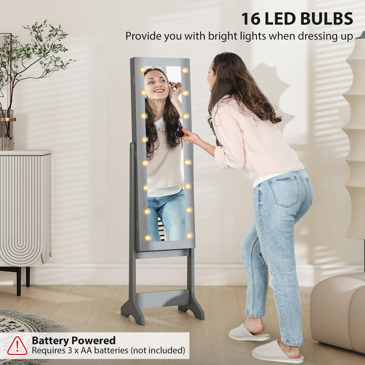 Freestanding Mirror Jewelry Cabinet with LED Lights, Jewellery Organiser with 3 Angle Adjustable, Full-Length Mirror with Storage for Earrings, Necklaces, Rings and Lipsticks, Grey