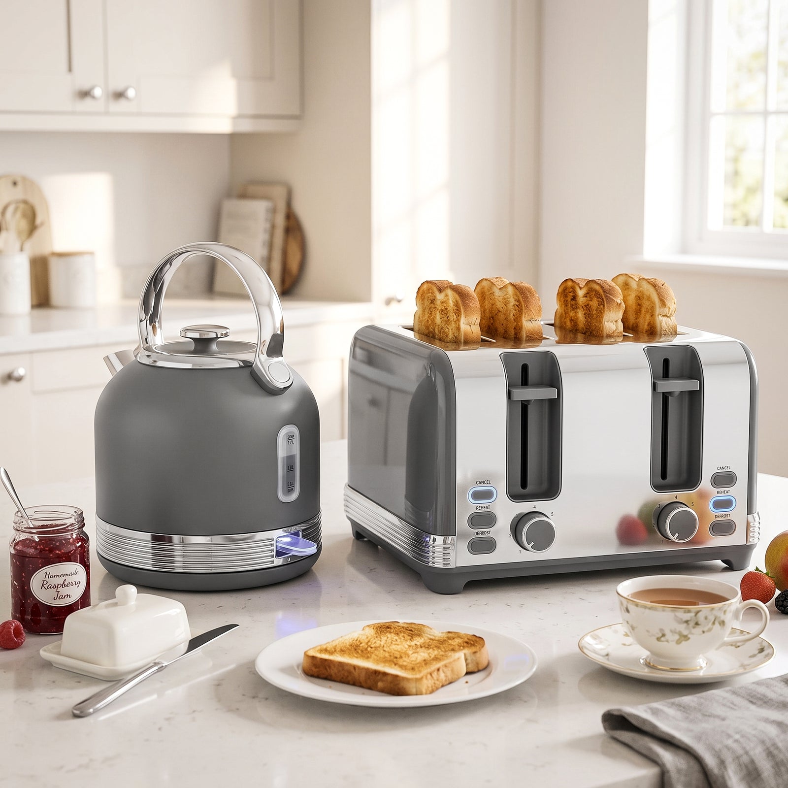 Stainless Steel Kettle and Toaster Set, 1.7L 3000W Cordless Fast Boil 
