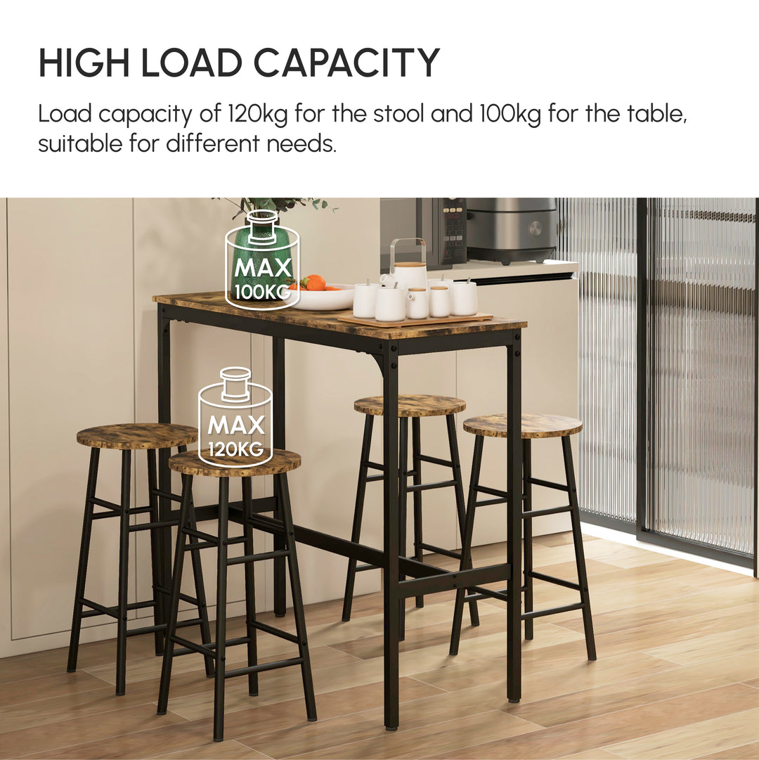 5 Piece Bar Table Set with 4 Stools, Industrial Bar Table and Stool Set, Dining Table and Chair Set, Rustic Brown