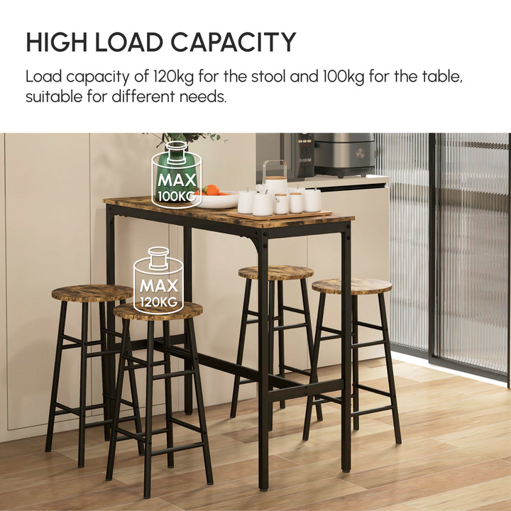5 Piece Bar Table Set with 4 Stools, Industrial Bar Table and Stool Set, Dining Table and Chair Set, Rustic Brown