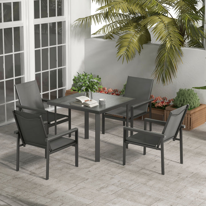 Outsunny 5 Pieces Garden Dining Set with Glass Top Dining Table, Outdoor Umbrella Hole Table and 4 Armchairs w/ Breathable Mesh Fabric Seats