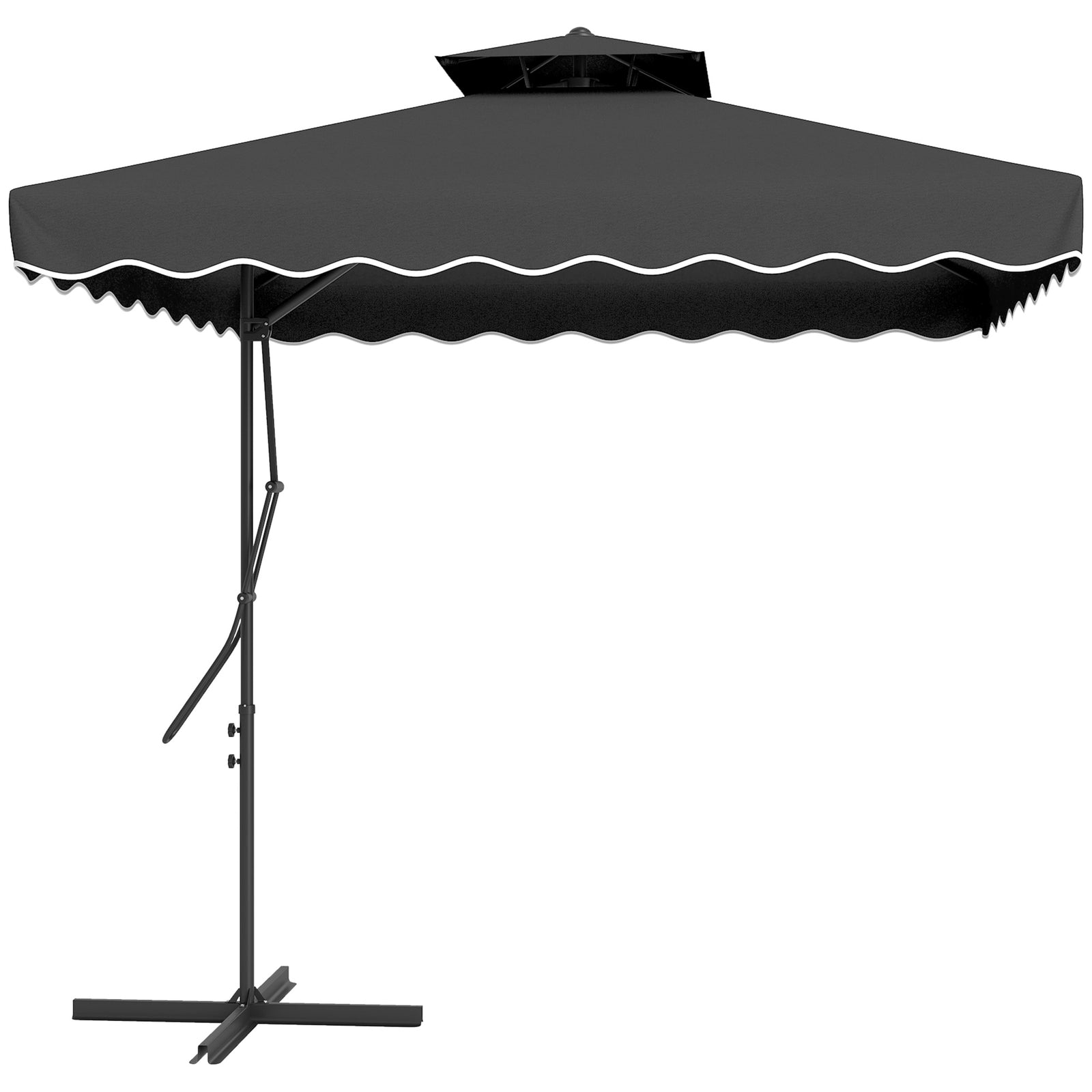 2.5m Cantilever Parasol with Easy Lever, Square Double Top Garden Parasol Umbrella with Ruffles and Cross Base, Overhanging Outdoor Sun Shades, Black