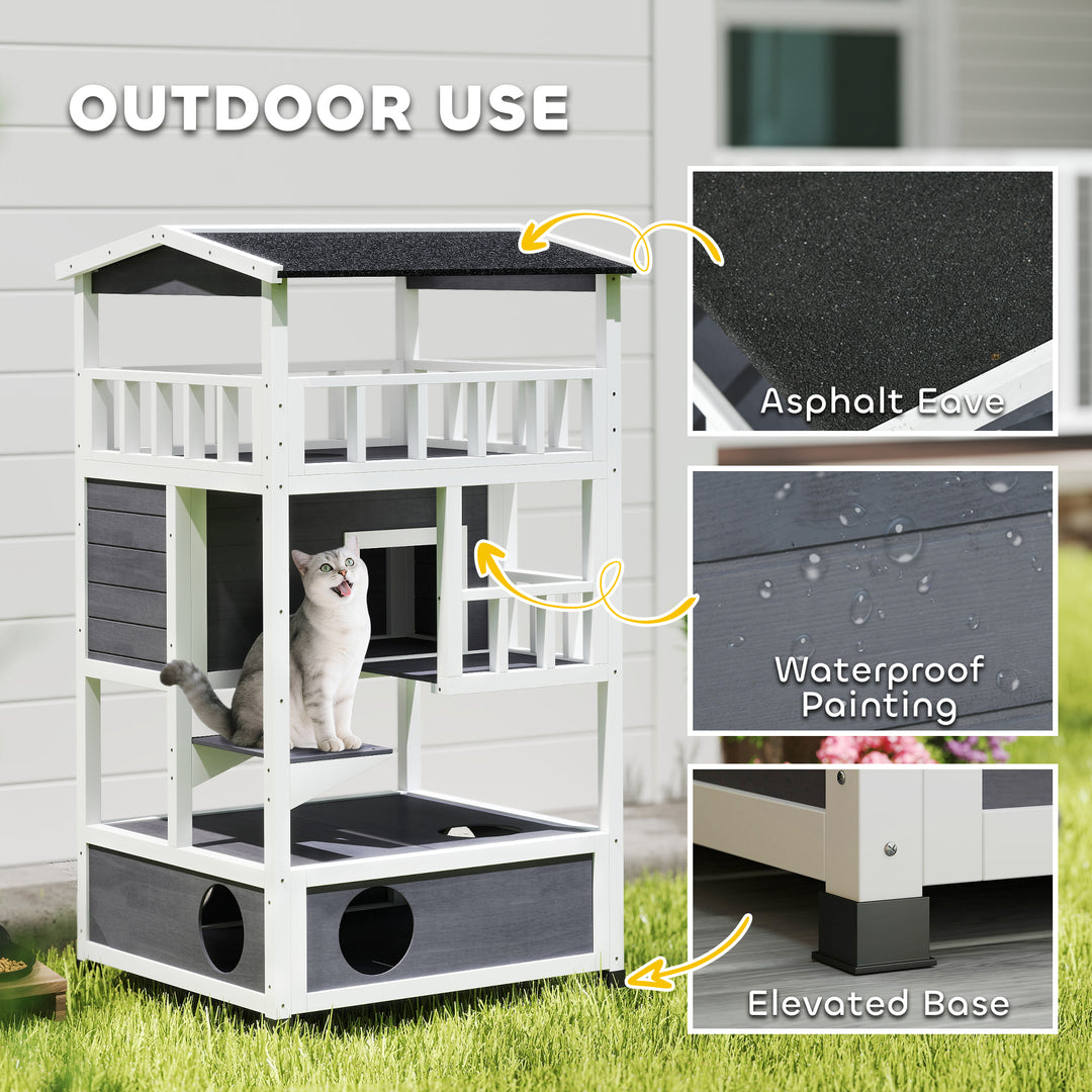 Wooden Outdoor Cat House, 3-Tier Cat Shelter with Tilted Roof, Terrace, Jump Step, Bottom Tray and Elevated Base, Waterproof Paint, Grey