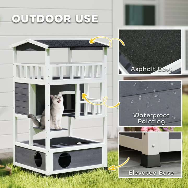 Wooden Outdoor Cat House, 3-Tier Cat Shelter with Tilted Roof, Terrace, Jump Step, Bottom Tray and Elevated Base, Waterproof Paint, Grey