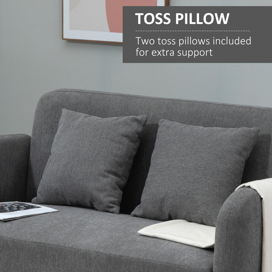 2 Seater Sofa, Modern Fabric Loveseat Sofa, Small Couch with 2 Pillows, Armrest and Wood Legs for Living Room, Bedroom, Home Office, Grey