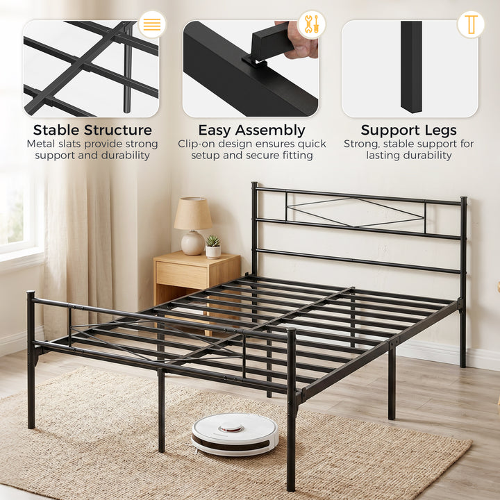 4ft6 Double Bed Frame with Headboard and Footboard, Metal Platform Bed