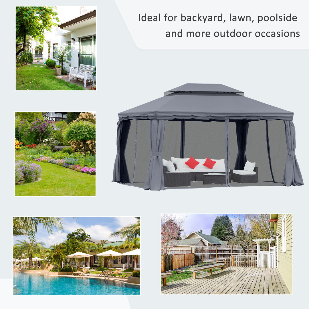 3 x 4m Aluminium Garden Gazebo, Marquee Canopy Shelter Pavilion Party Tent with Nets and Curtains for Garden and Deck, Dark Grey