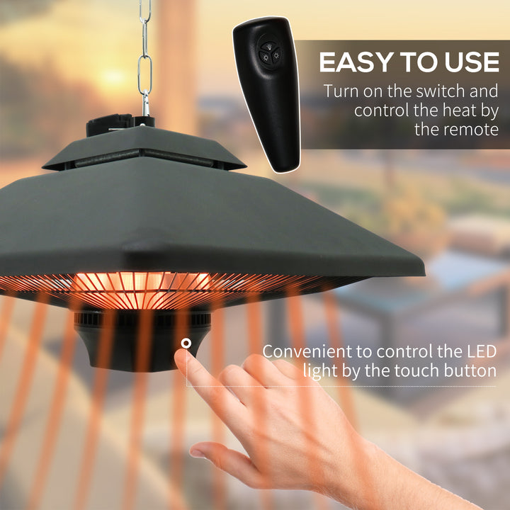 Hanging Electric Patio Heater with 2 Power Settings, 1000/2000W Waterproof Ceiling Mounted Aluminium Halogen Infrared Outdoor Heater Warmer with LED Light and Remote Control, Black