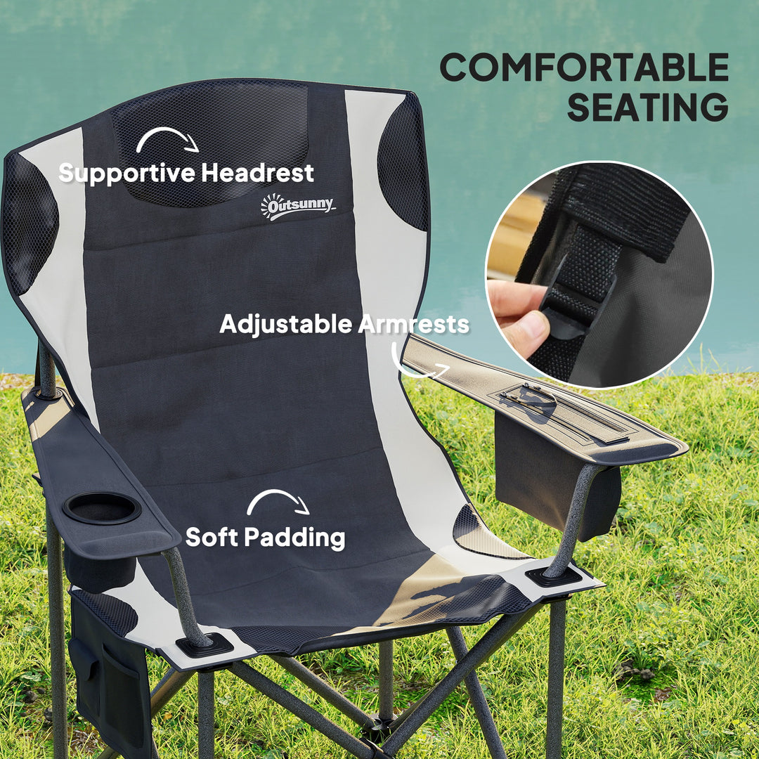 Set of 2 Folding Camping Chairs, Padded Camping Chairs with Adjustable Armrests, Portable & Lightweight Folding Camp Chair with Cooler Bag, Cup Holder and Side Pockets, Black