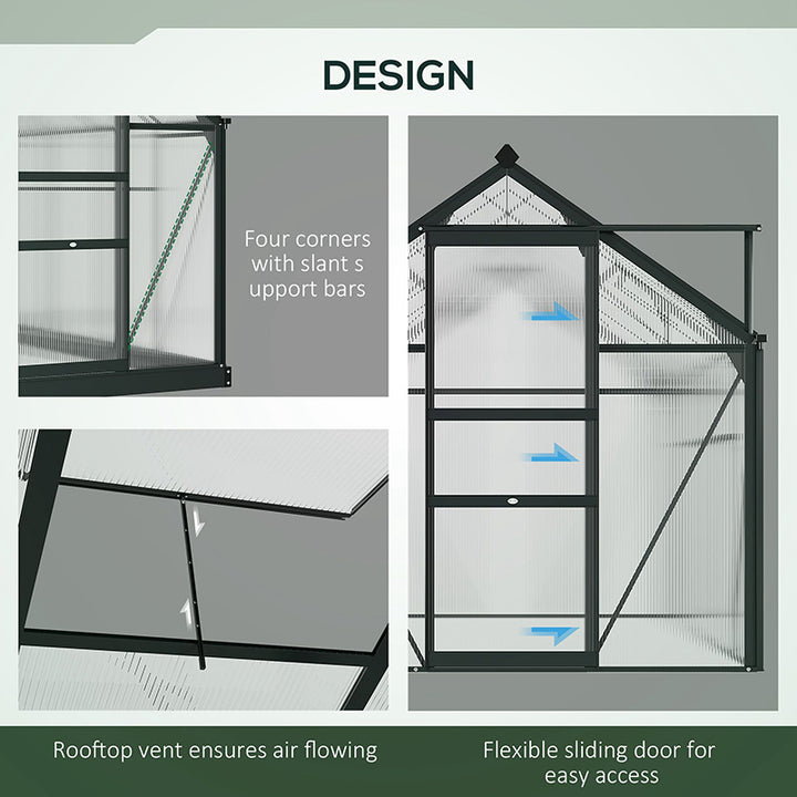 6 x 6ft Polycarbonate Greenhouse, Large Walk-In Green House with Slide Door and Window, Garden Plants Grow House with Aluminium Frame and Foundation, Grey