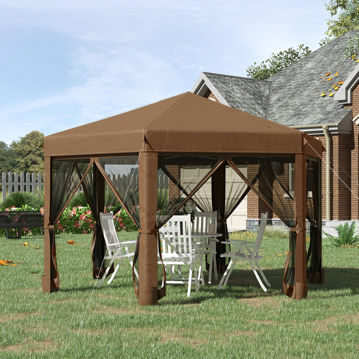 Outsunny 3.2m Pop Up Gazebo Hexagonal Canopy Tent Outdoor Sun Protection with Mesh Sidewalls, Handy Bag, Brown