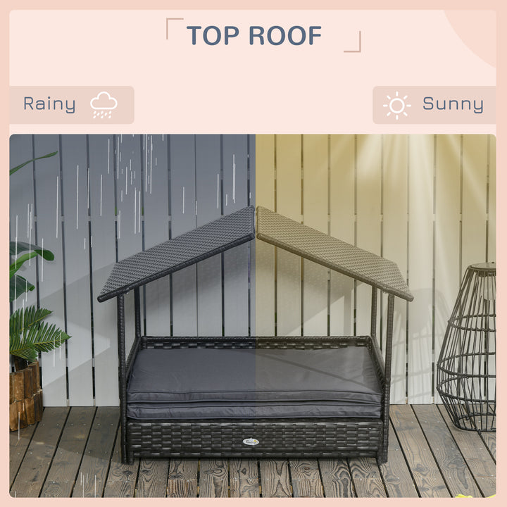 Extendable Elevated Dog Bed, Rattan Dog House w/ Water-Resistant Roof, Removable Cushion - Grey
