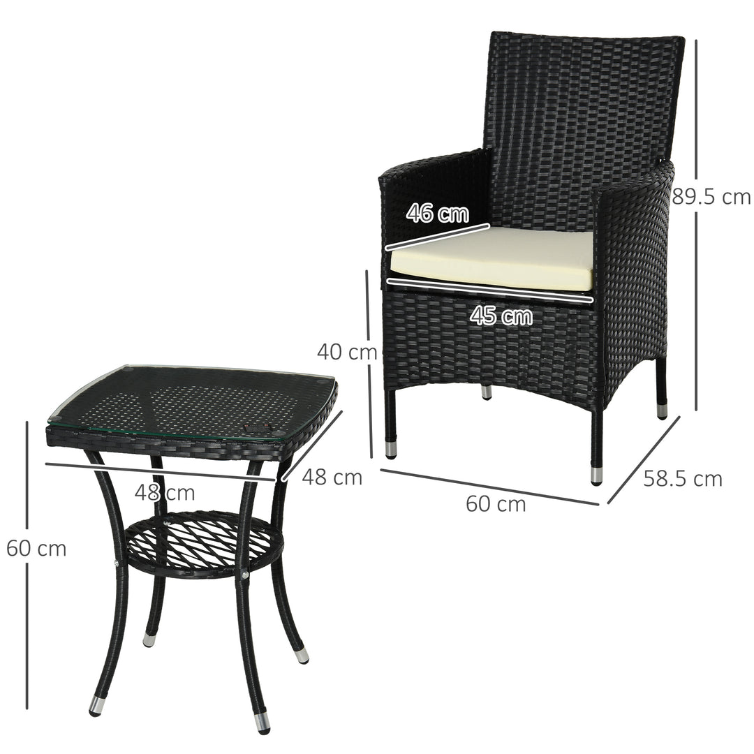 3 Pieces Rattan Bistro Set, Wicker Garden Furniture Set with 2-Tier Coffee Table and Chairs, Cushions, for Outdoor Patio Balcony, Black