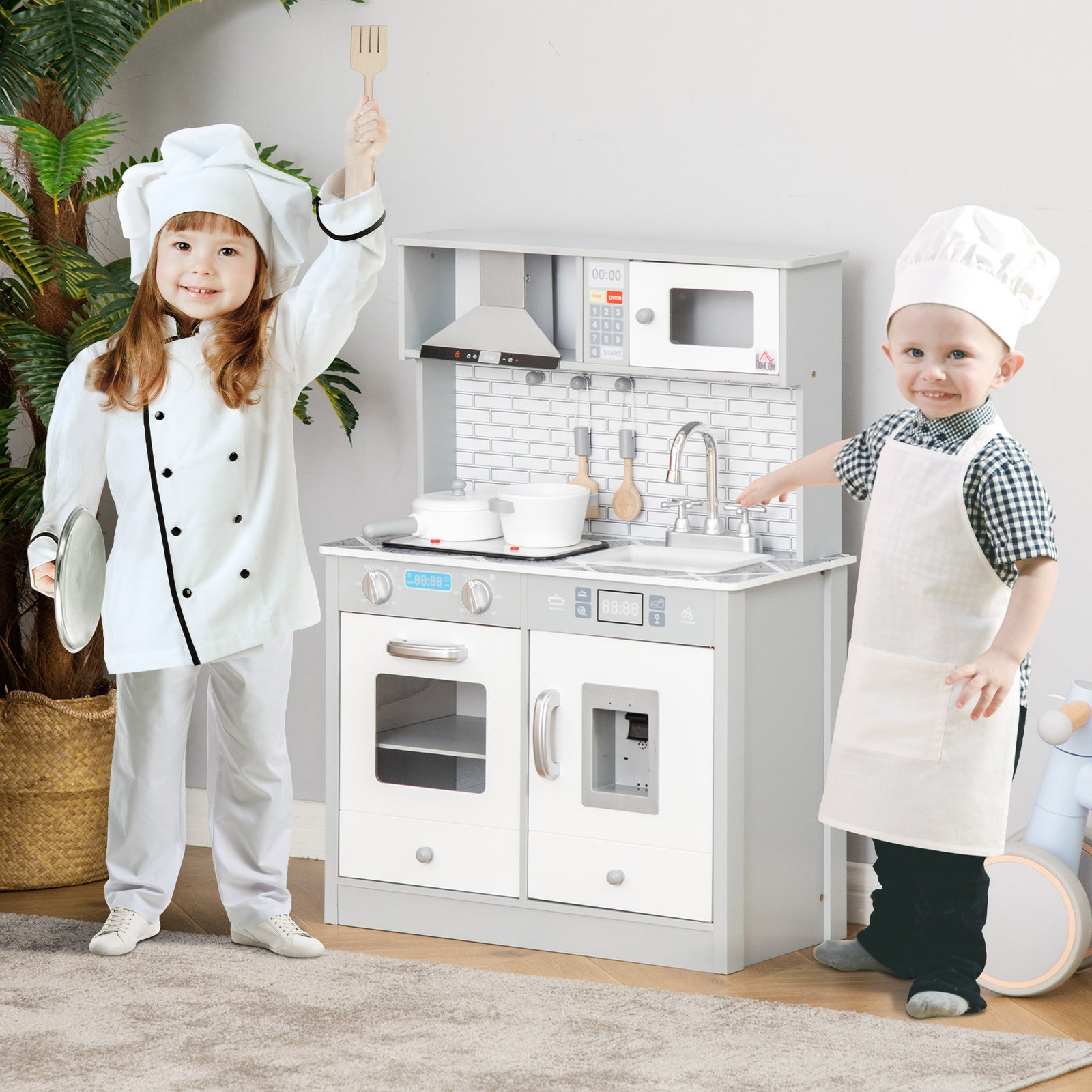 Kids Wooden Toy Kitchen Pretend Play Cooking Playset w/ Sound & Light Effect, Battery Operated Cooktop, Ice Machine, Marble Pattern Countertop, for 3-6 Years Old