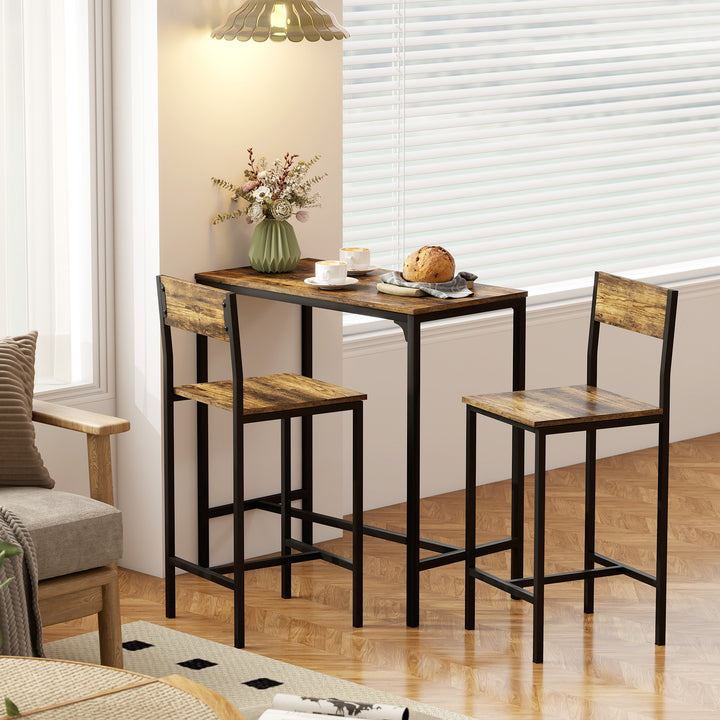 3-Piece Bar Table Set with 2 Stools, Industrial Breakfast Bar Set with