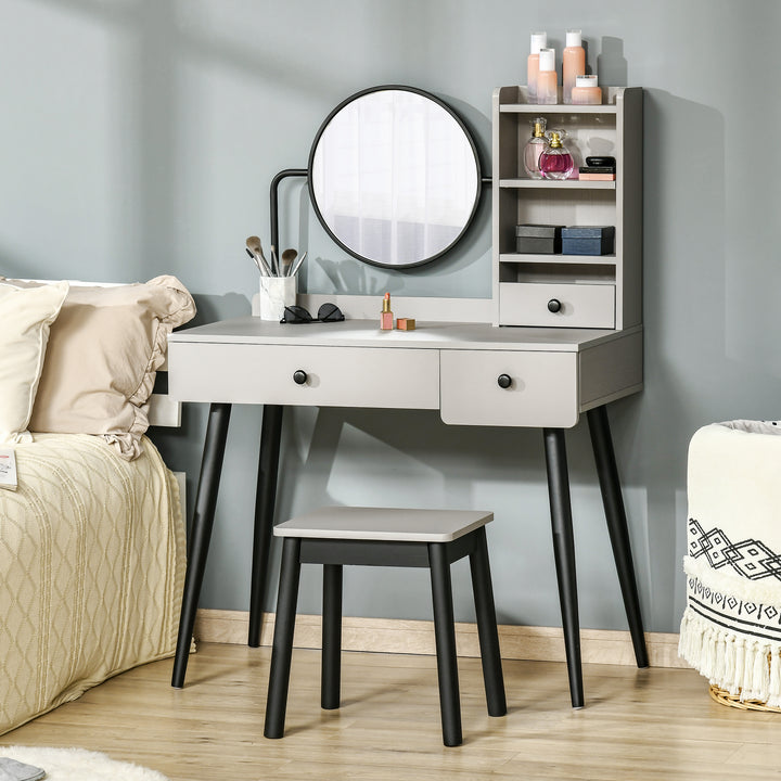 HOMCOM Dressing Table Set with Mirror and Stool, Vanity Makeup Table with 3 Drawers and Open Shelves for Bedroom, Living Room, Grey | Aosom UK