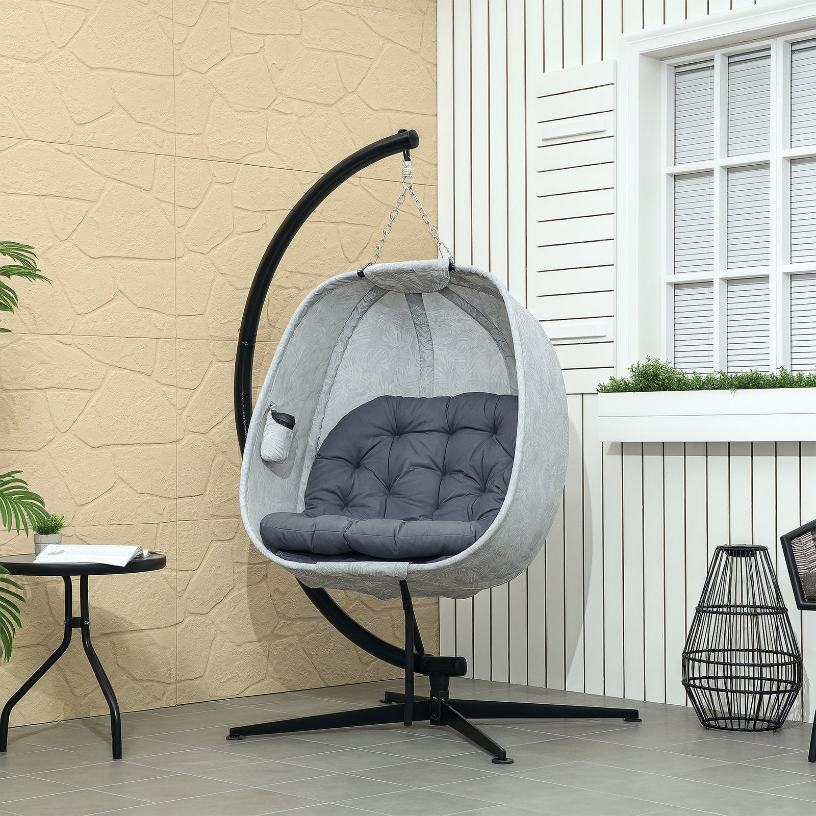 Hanging Egg Chair Outdoor Indoor Garden Swing Chair with Folding Basket, Garden Hanging Chair with Stand, Thickened Cushion, Cup Holder for Patio, Balcony, Grey