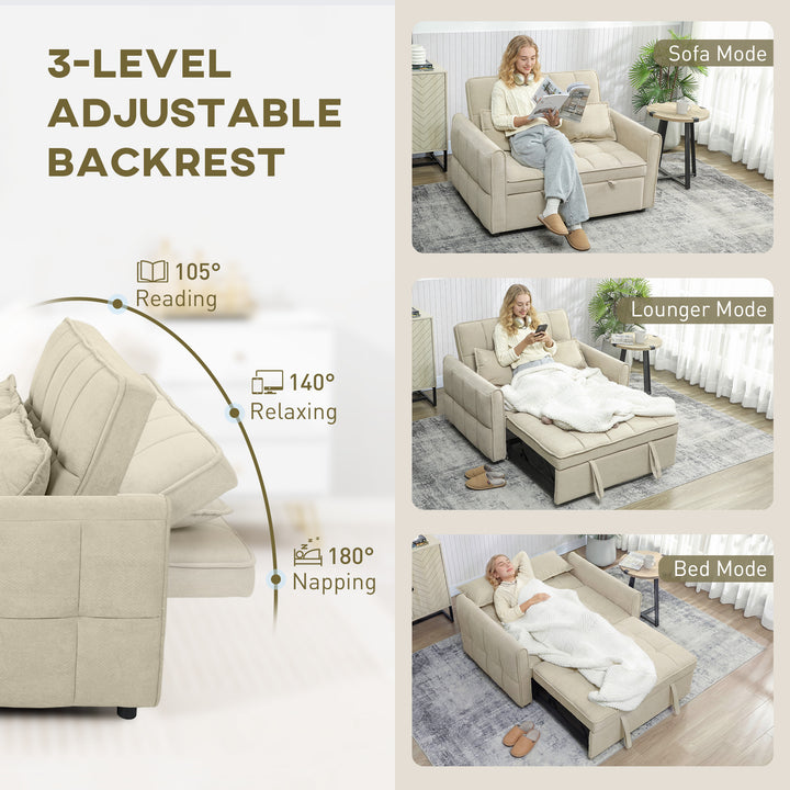 2 Seater Sofa Bed, 3-in-1 Convertible Sleeper Sofa with Click-clack Adjustable Backrest and 2 Pillows, Light