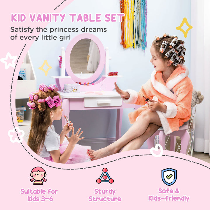 ZONEKIZ Kids Dressing Table Set Kids Vanity Set Girl Makeup Desk with Mirror Stool Drawer Round Legs for 3-6 Years Old, Pink