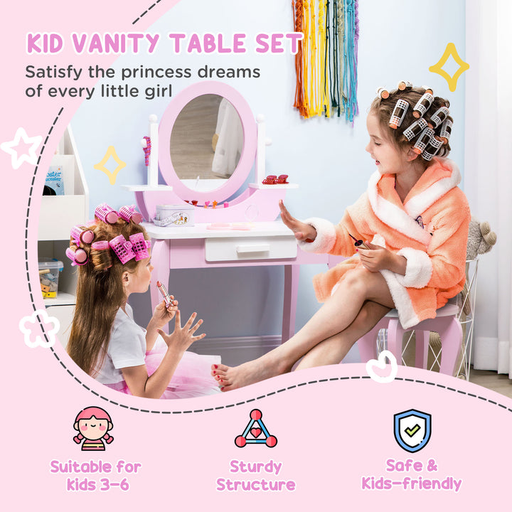 ZONEKIZ Kids Dressing Table Set Kids Vanity Set Girl Makeup Desk with Mirror Stool Drawer Round Legs for 3