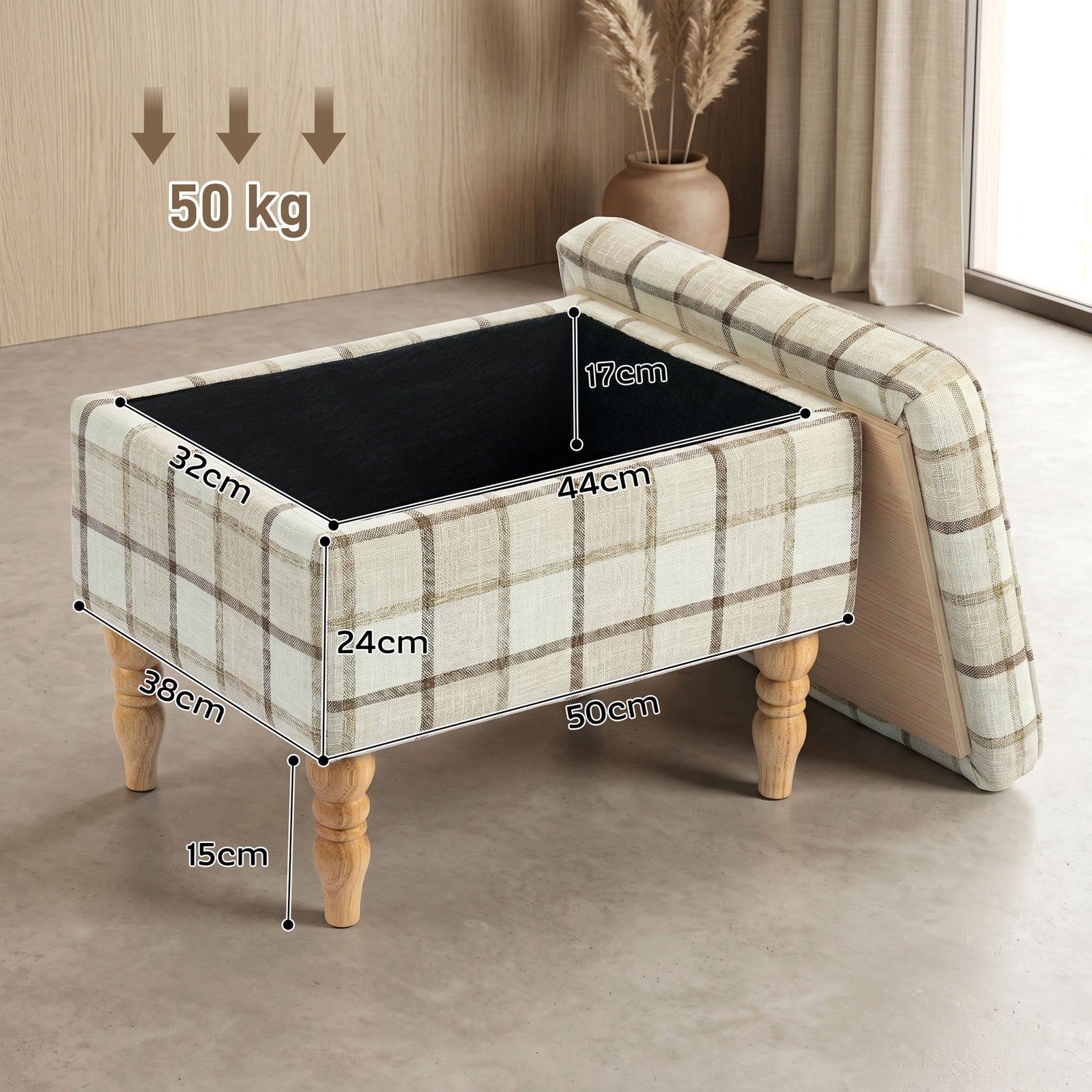 Linen Fabric Upholstered Footstool, Rectangular Storage Stool with Rem