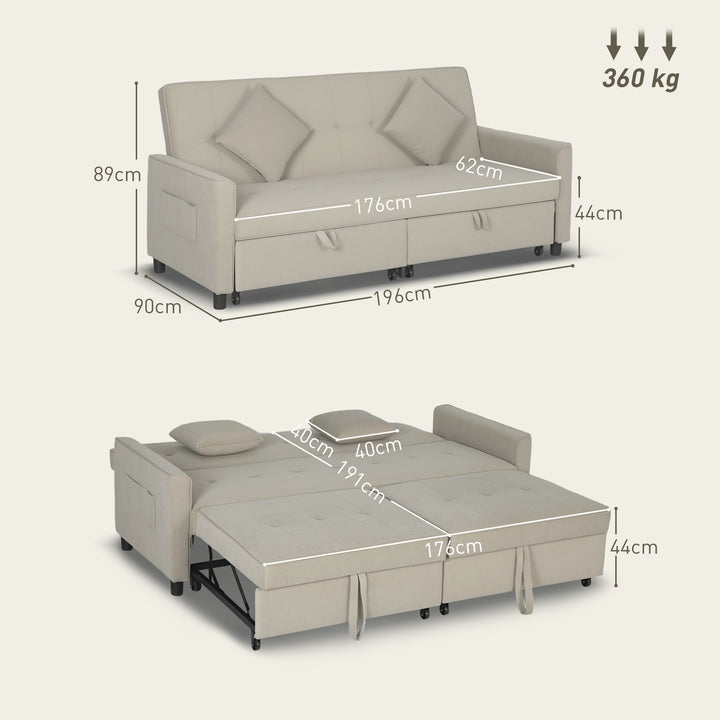 Three-Person Velvet-Feel Sofa Bed - Beige
