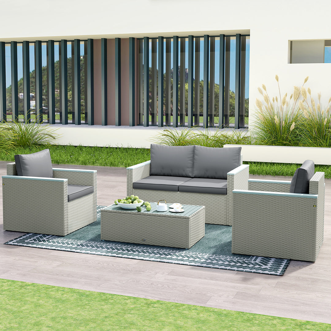 Four-Piece Rattan Sofa Set, with Wood-Top Table