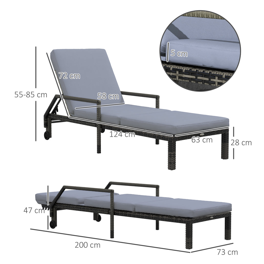 Outdoor PE Rattan Sun Lounger, 5-Level Adjustable Backrest Wicker Outdoor Chaise Recliner, Garden Chair with 2 Wheels, Mixed Grey