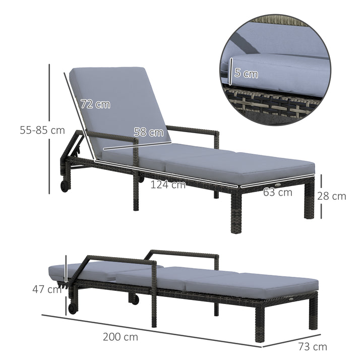 Outdoor PE Rattan Sun Lounger, 5-Level Adjustable Backrest Wicker Outdoor Chaise Recliner, Garden Chair with 2 Wheels, Mixed Grey
