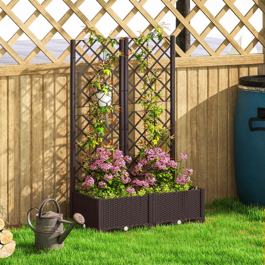 Raised Garden Bed with Trellis, Plastic Planter Box with Drainage Holes, Drain Plugs and Water Reservoirs for Climbing Plants, Vegetables, Flowers, Brown