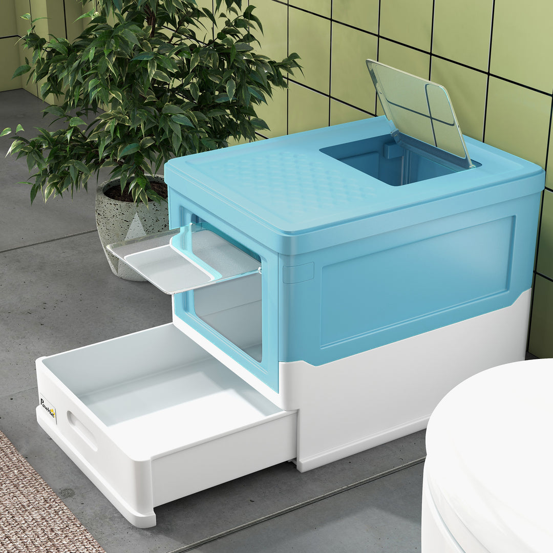 Hooded Cat Litter Box, Portable Pet Toilet, with Scoop, Front Entry - Light Blue