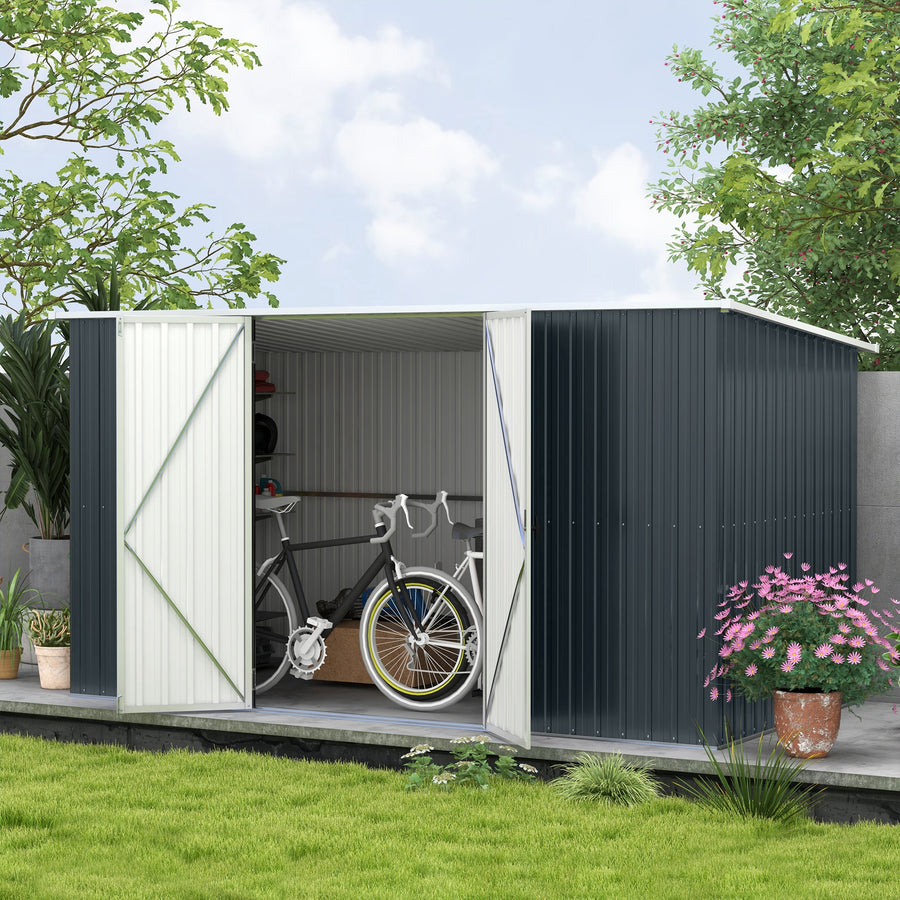 11 x 5.6ft Galvanised Steel Garden Shed, Metal Shed, Garden Storage Shed with Lockable Doors and Gloves for Outdoor Patio, Garden, Grey