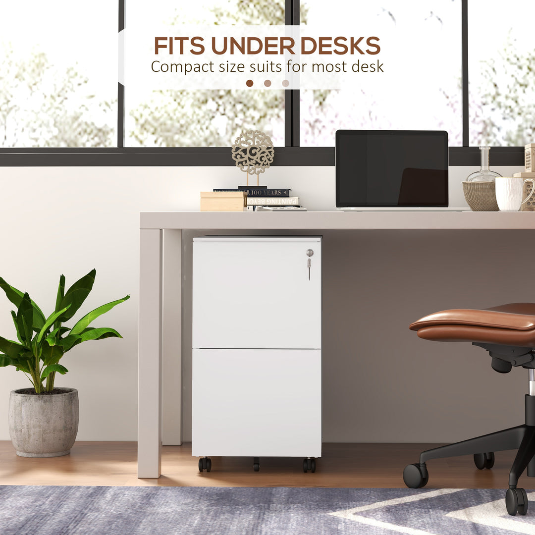 2-Drawer Vertical Filing Cabinet with Lock and 5 Wheels, Steel Mobile File Cabinet, for A4, Legal and Letter Size, Pre-Assembled Body, White