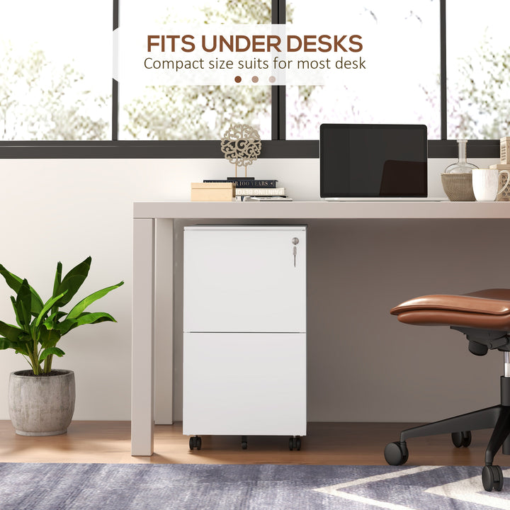 2-Drawer Vertical Filing Cabinet with Lock and 5 Wheels, Steel Mobile File Cabinet, for A4, Legal and Letter Size, Pre-Assembled Body, White