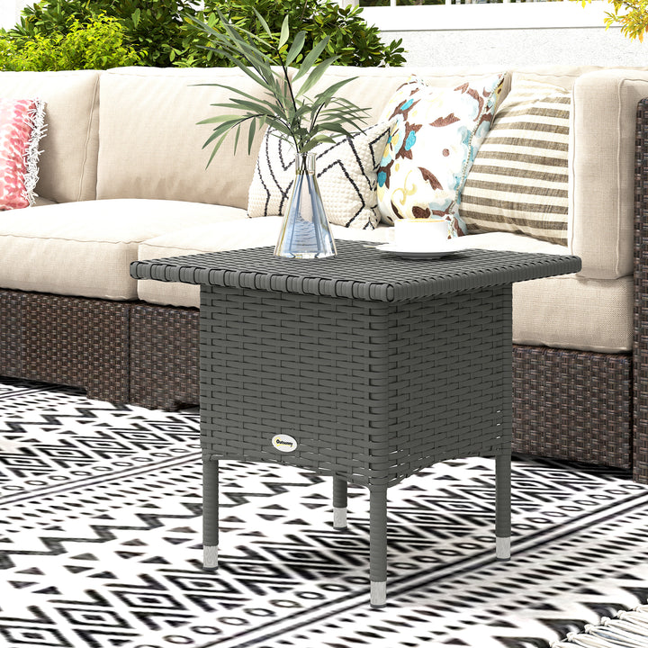 Rattan Side Table, Outdoor Coffee Table with Plastic Board Under the Full Woven Table Top for Patio, Garden, Balcony, Grey