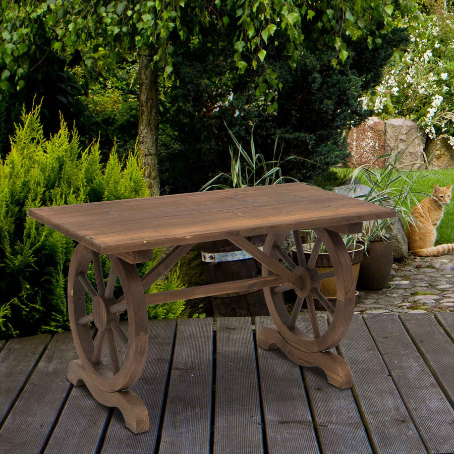 Wooden Garden Dining Table, Wagon Wheel Outdoor Coffee Table with 3 cm Wood Top for Patio, Balcony, Terrace, 110 x 60 x 65 cm, Carbonised Finish