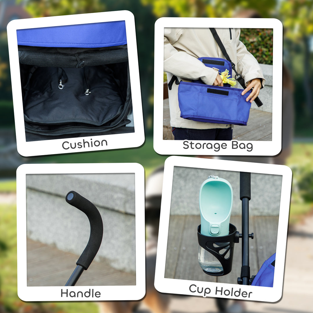 Foldable Dog Stroller, Lightweight Dog Pram w/ Shoulder Strap, Storage Bag, Cup Holder, Dark Blue