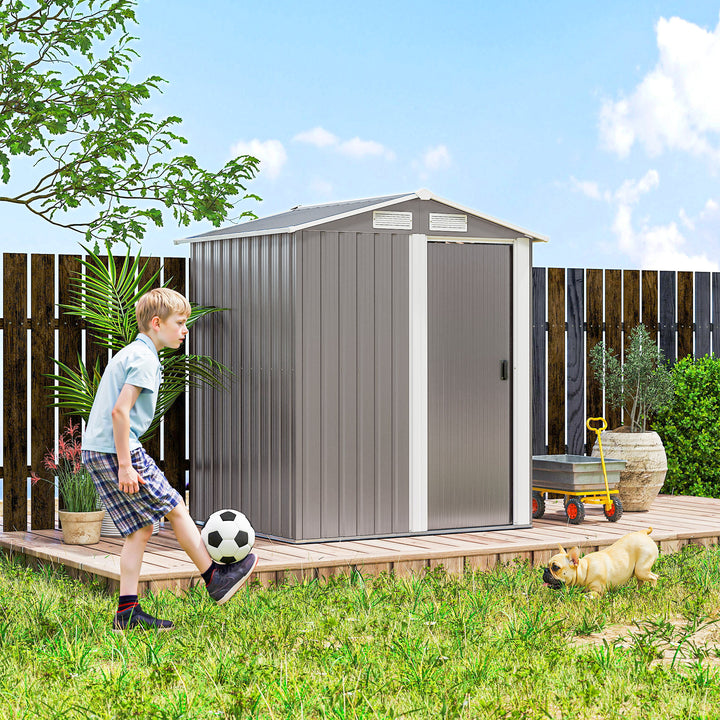 Garden Metal Tool Storage Shed with Sliding Door, Sloped Roof and Foun