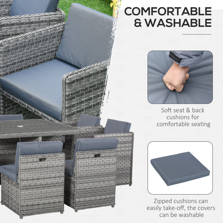 8 Seater Rattan Cube Garden Furniture Set with Parasol Hole, Rattan Dining Set with Cushions, Outdoor Dining Table and Chairs with Square Glass Top Table for Patio, Balcony, Mixed Grey