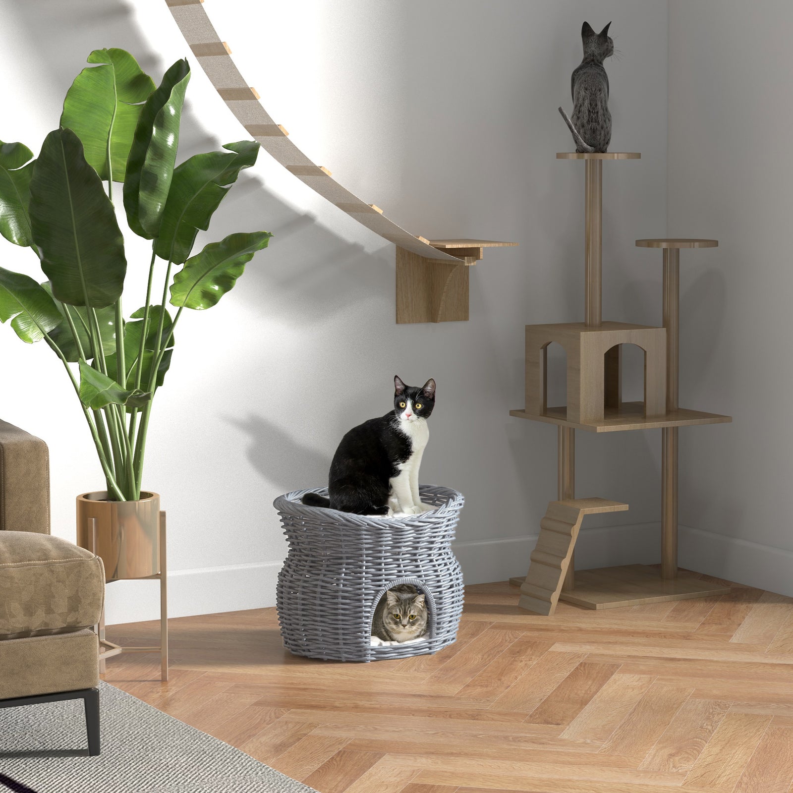 2-Tier Wicker Cat House Elevated Pet Bed Basket Willow Kitten Tower Pet Den. with Washable Cushions 56x37x40cm Grey