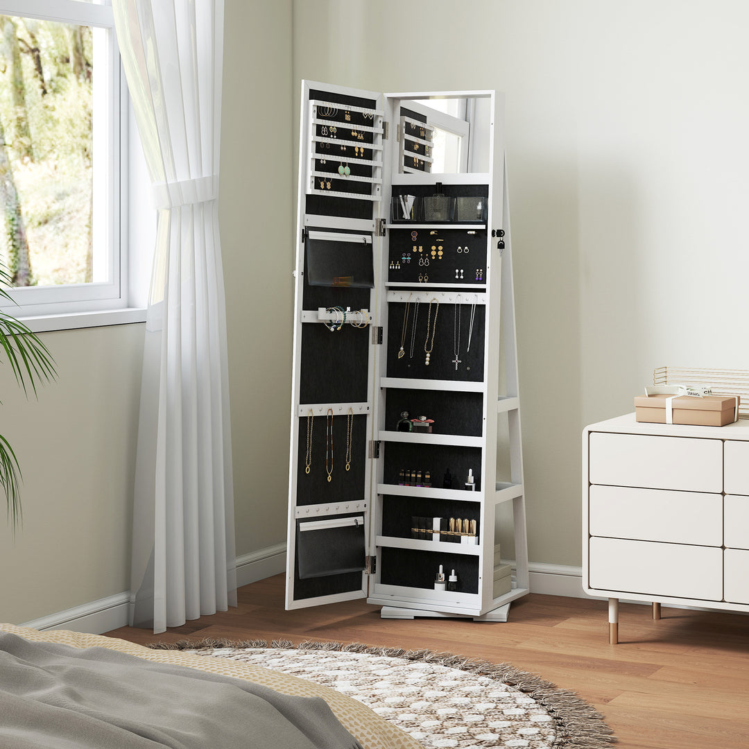 360° Swivel Jewellery Cabinet, Free Standing Full Length Mirror with Storage, Lockable Jewellery Organiser with Built-in Makeup Mirror and Storage Shelves for Bedroom, White