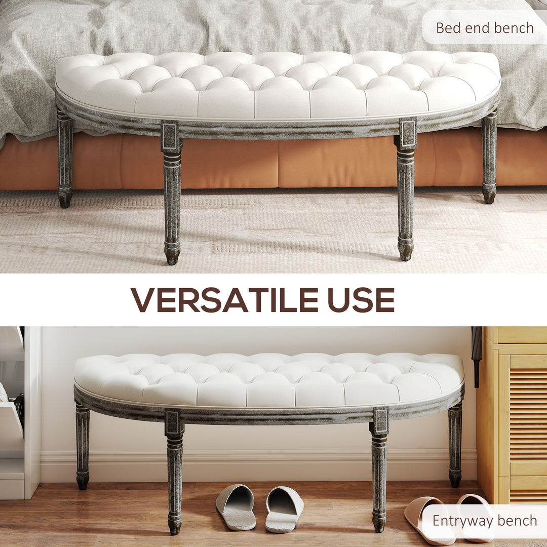 MCL Half-Circle End Bench Ottoman Footstool Tufting Padded Seat Brushed Wood Base Antique Accents Home Seat Furniture Cream White and Light Wood Grain Leg