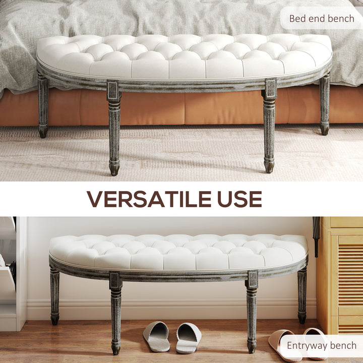 MCL Half-Circle End Bench Ottoman Footstool Tufting Padded Seat Brushed Wood Base Antique Accents Home Seat Furniture Cream White and Light Wood Grain Leg