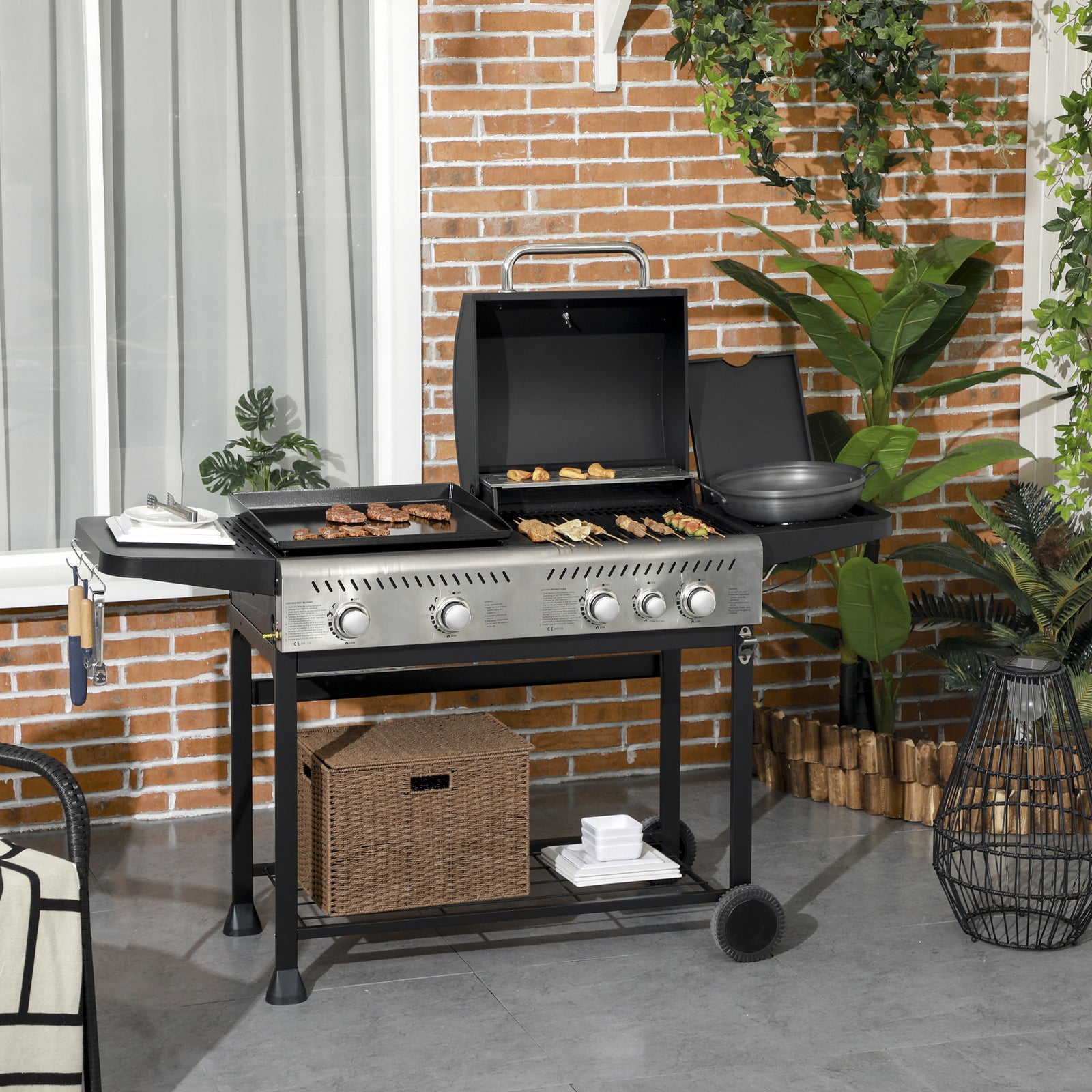 12kW Deluxe Duo Gas BBQ, with Grill, Plancha and Side Burner - Black