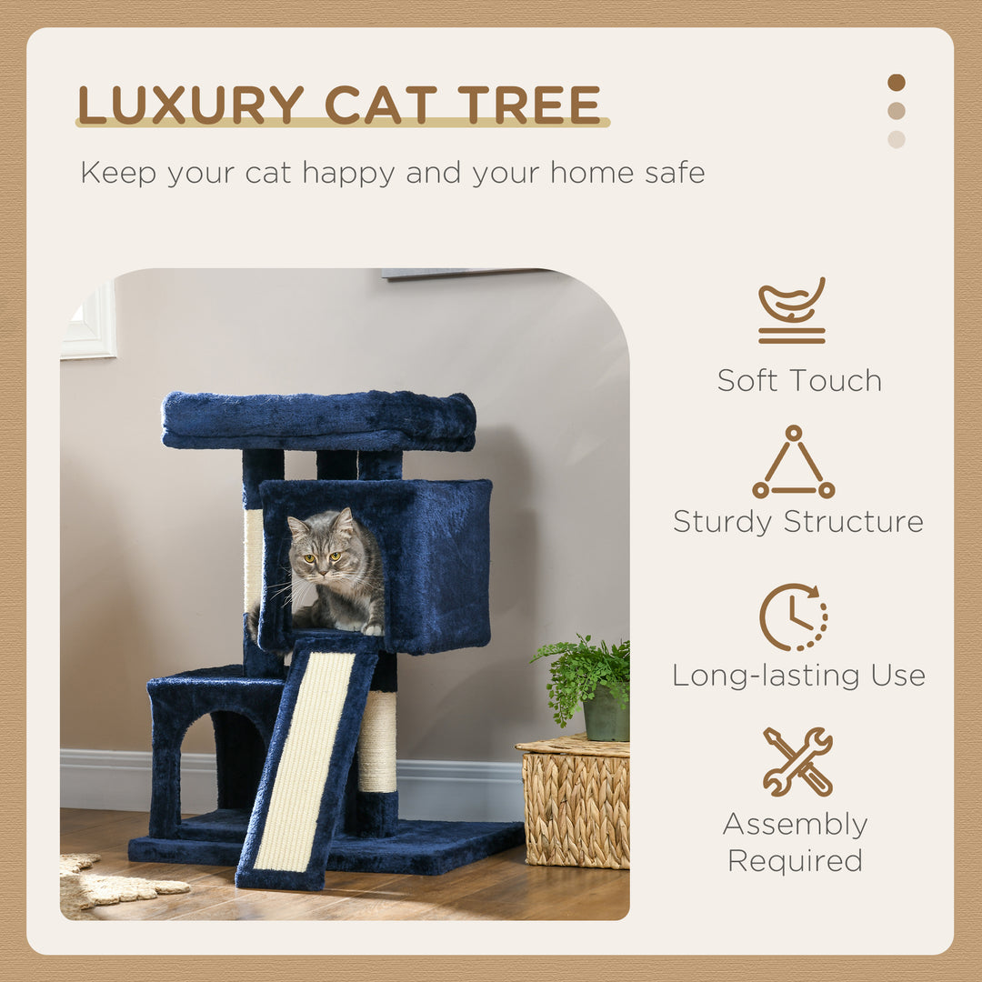 PawHut Sisal Cat Activity Tree, Rest & Play Centre with 2 Houses, Durable, Navy Blue | Aosom UK