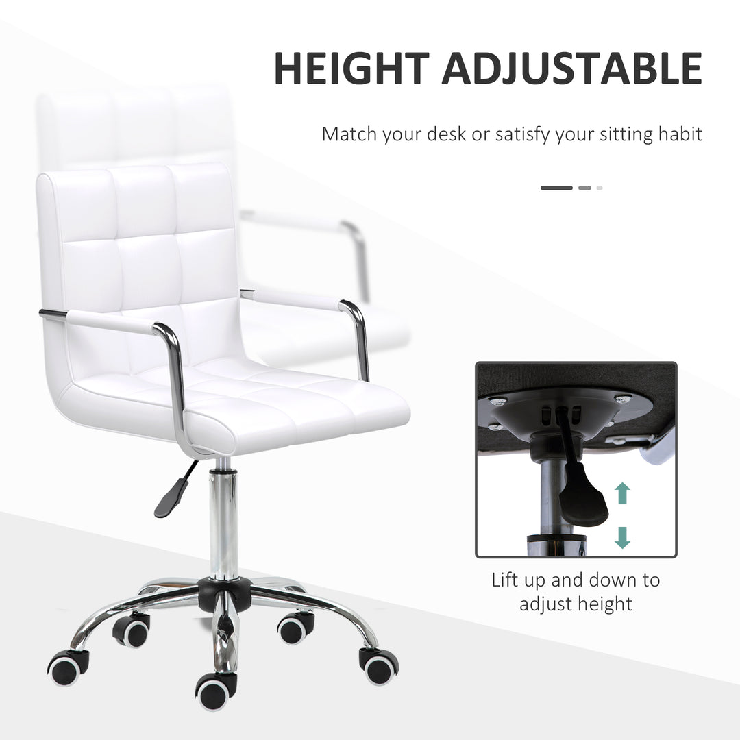 Office Chair, Makeup Vanity Chair, Mid Back Computer Chair, PU Leather Swivel Study Chair with Adjustable Height, Armrest and Rolling Wheels, White