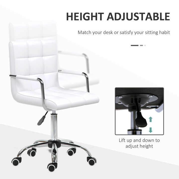 Office Chair, Makeup Vanity Chair, Mid Back Computer Chair, PU Leather Swivel Study Chair with Adjustable Height, Armrest and Rolling Wheels, White