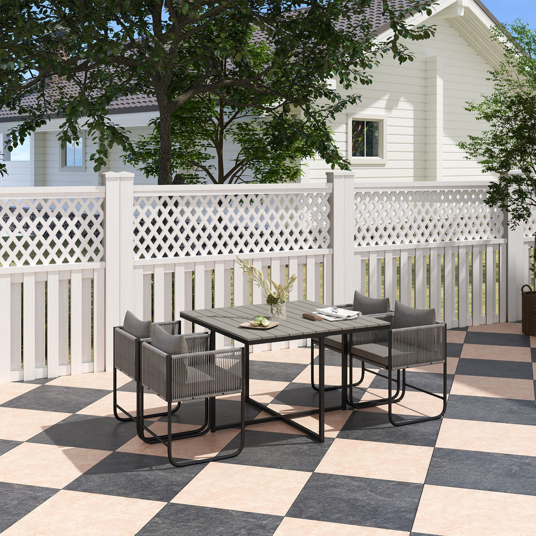 4 Seater Rattan Cube Garden Furniture Set, Rattan Dining Set with Cushions, Outdoor Dining Table and Chairs with Rectangular Wood Grain Plastic Top Table for Patio, Balcony, Grey