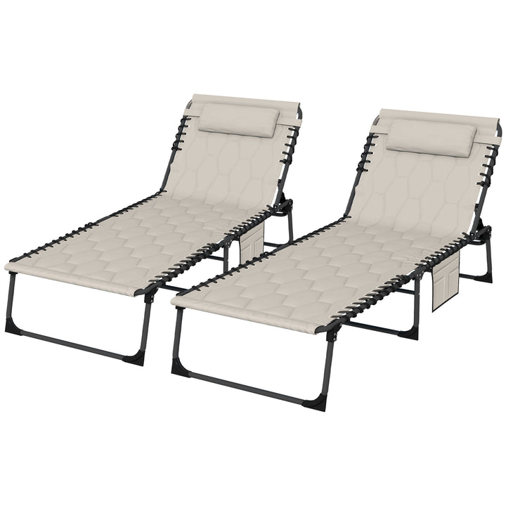 Outsunny Foldable Sun Lounger Set w/ 5-level Reclining Back, Outdoor Tanning Chairs w/ Build-in Padded Seat, Sun Loungers w/ Side Pocket | Aosom UK