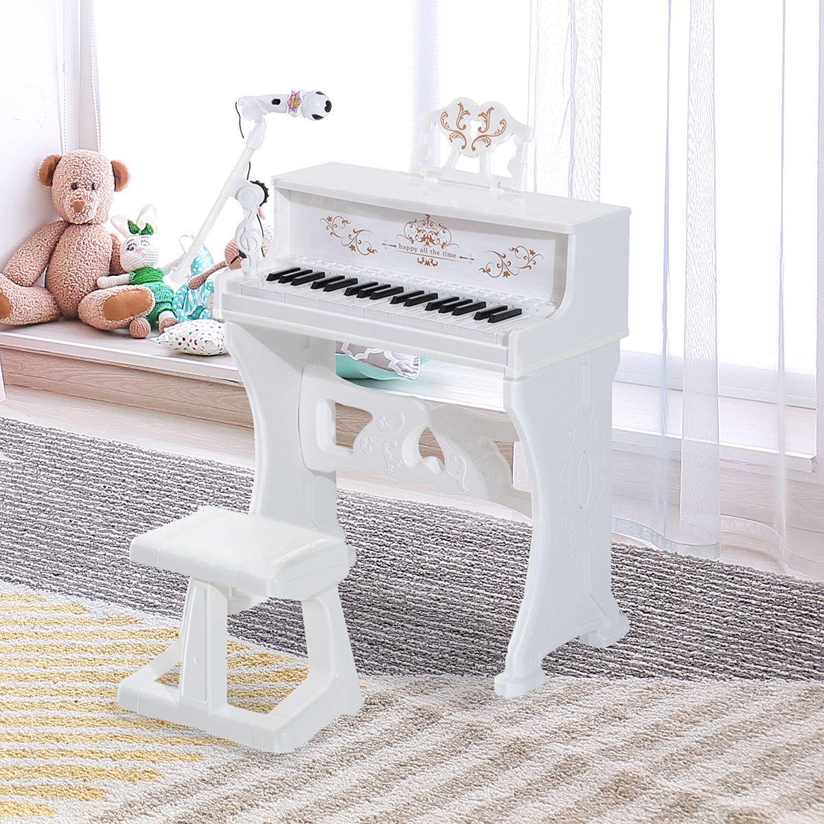 37 Keys Kids Piano Mini Electronic Keyboard Light Kids Musical Instrument Educational Game Children Grand Piano Toy Set w/Stool & Microphone & Music Stand (White)